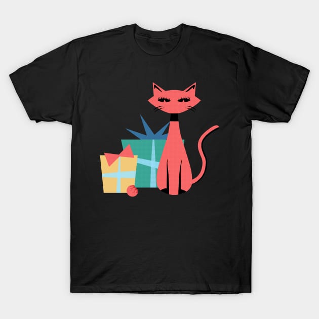 Mid-Century Modern Christmas Cat T-Shirt by ksrogersdesigns